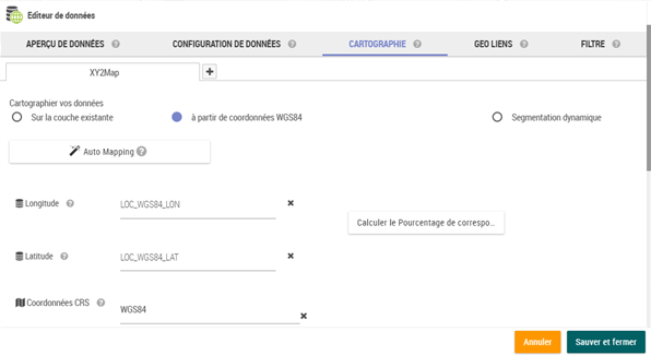 Configuration cartographie XY