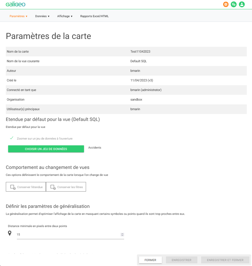 Page de paramètres