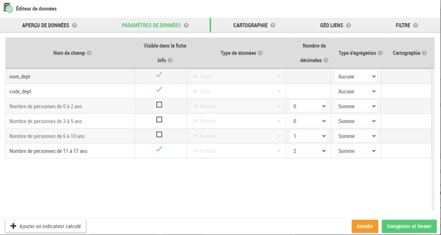Panneau configuration de données